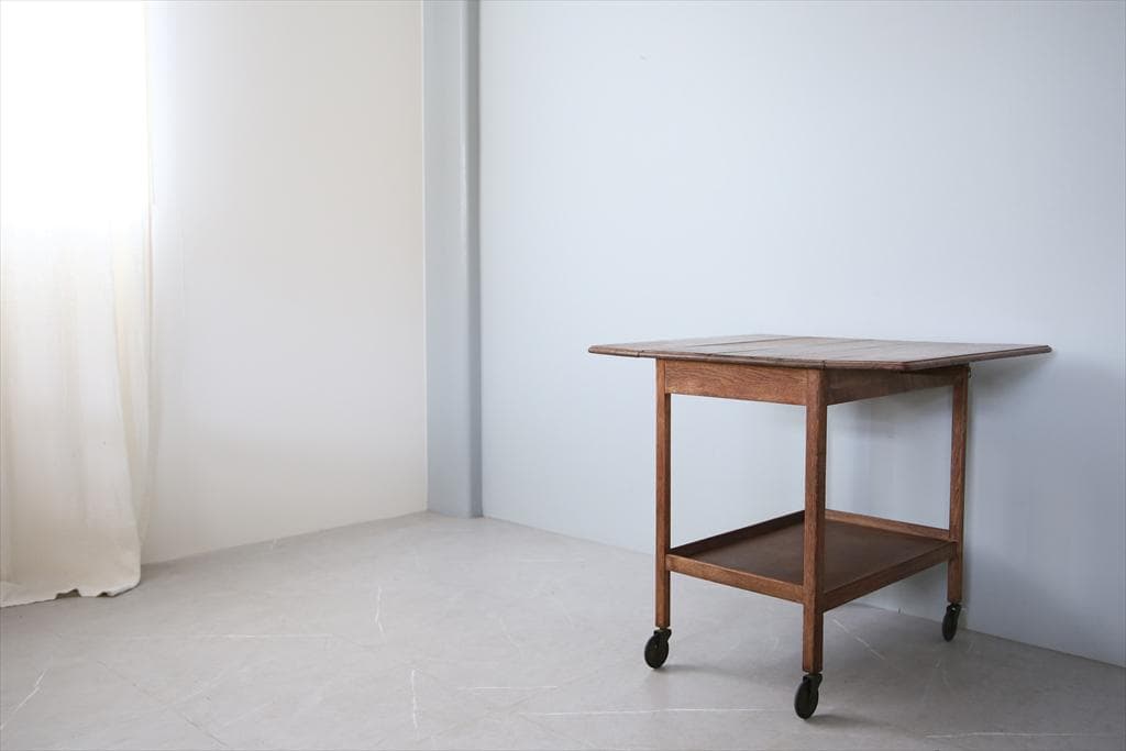 英国アンティーク木製ドロップリーフトロリーテーブル/収納式ワゴン/机(91-66