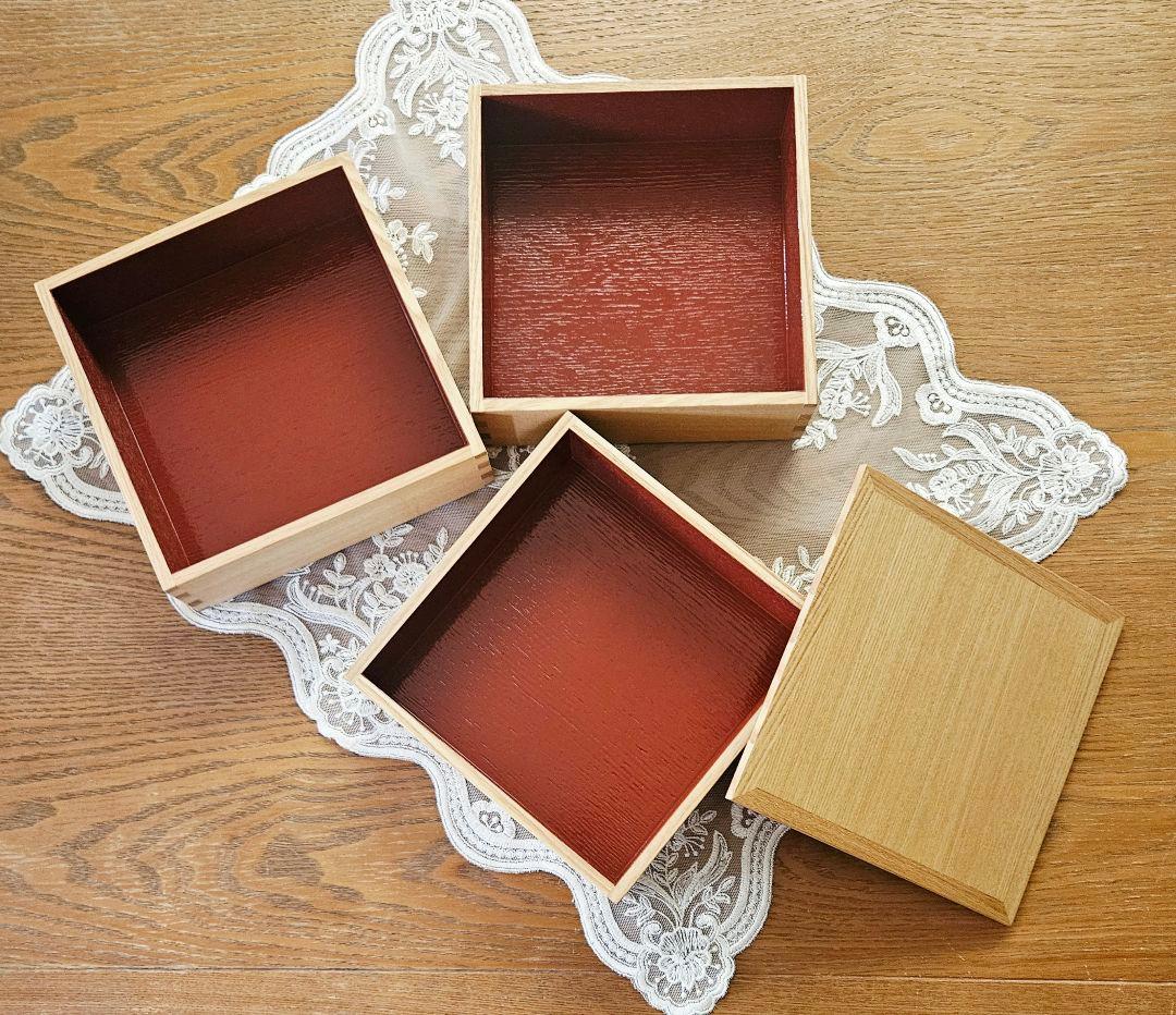 松屋漆器店 木製 タモ 三段重 6寸 内朱 新品