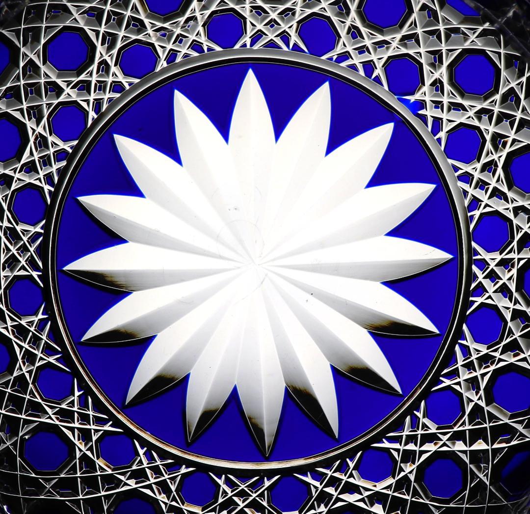 オールド・バカラ上級作品 19世紀 24cm 青色被せ装飾特大切子鉢 ディアマン