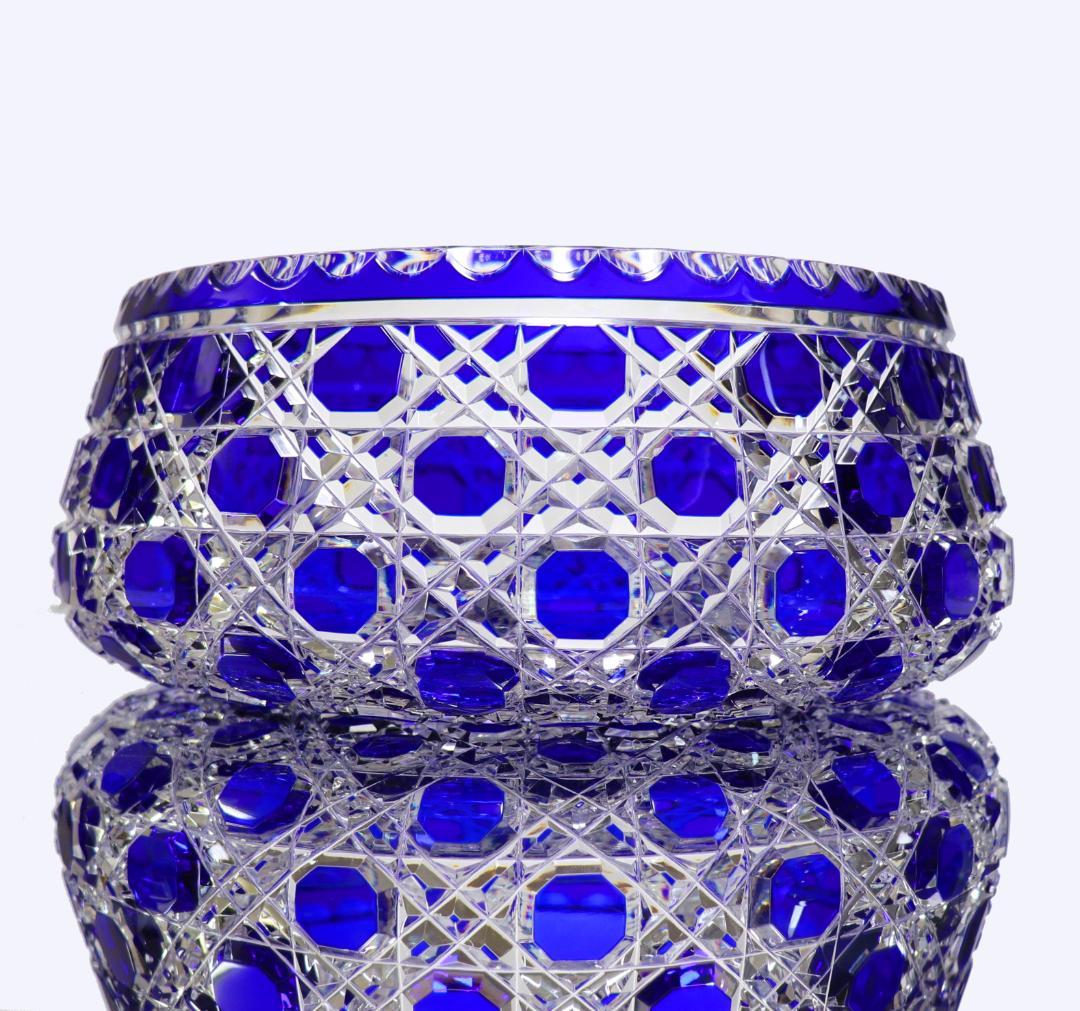 オールド・バカラ上級作品 19世紀 24cm 青色被せ装飾特大切子鉢 ディアマン