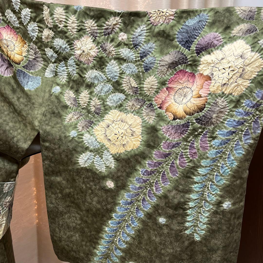 豪華 濃く深い緑からエメラルドグリーンの染め分け 辻ヶ花訪問着 作家物落款あり