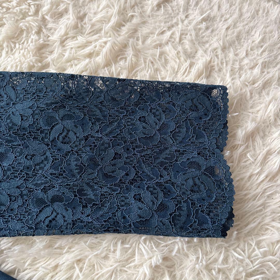 【美品】23区 袖レース 長袖ワンピース　ブルー 光沢 46 大きいサイズ