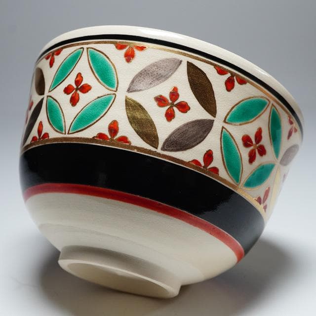 茜窯 岡田華渓　七宝絵茶碗　鵬雲斎宗匠御書付　共箱　茶道具　裏千家　色絵