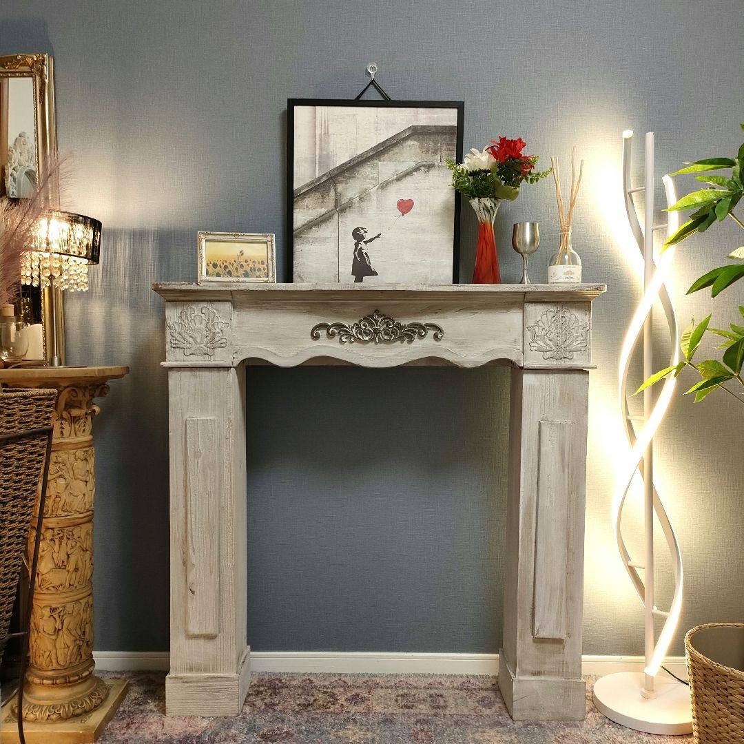 アンティーク調シャビー マントルピース 装飾棚 シャビーグレー