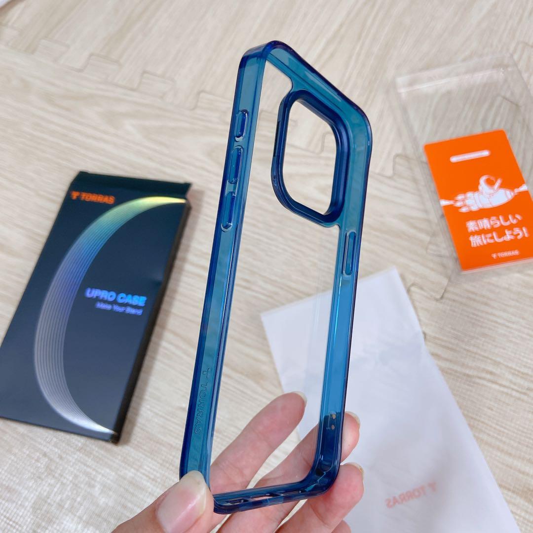 TORRAS iPhone15 Pro ケース 強化 ガラス スタンド ブルー