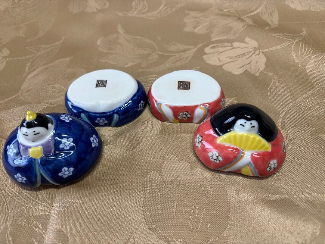 hh　有田焼お雛様珍味2個セット伯山窯２組包装&木製屛風兎絵衝立4個