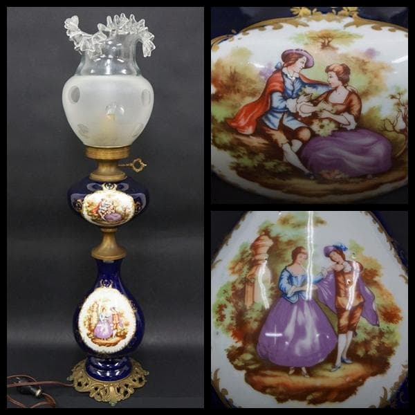 大型ランプ フリルガラスランプ 金彩色絵『貴公子と貴婦人文』洋燈 卓上ランプ