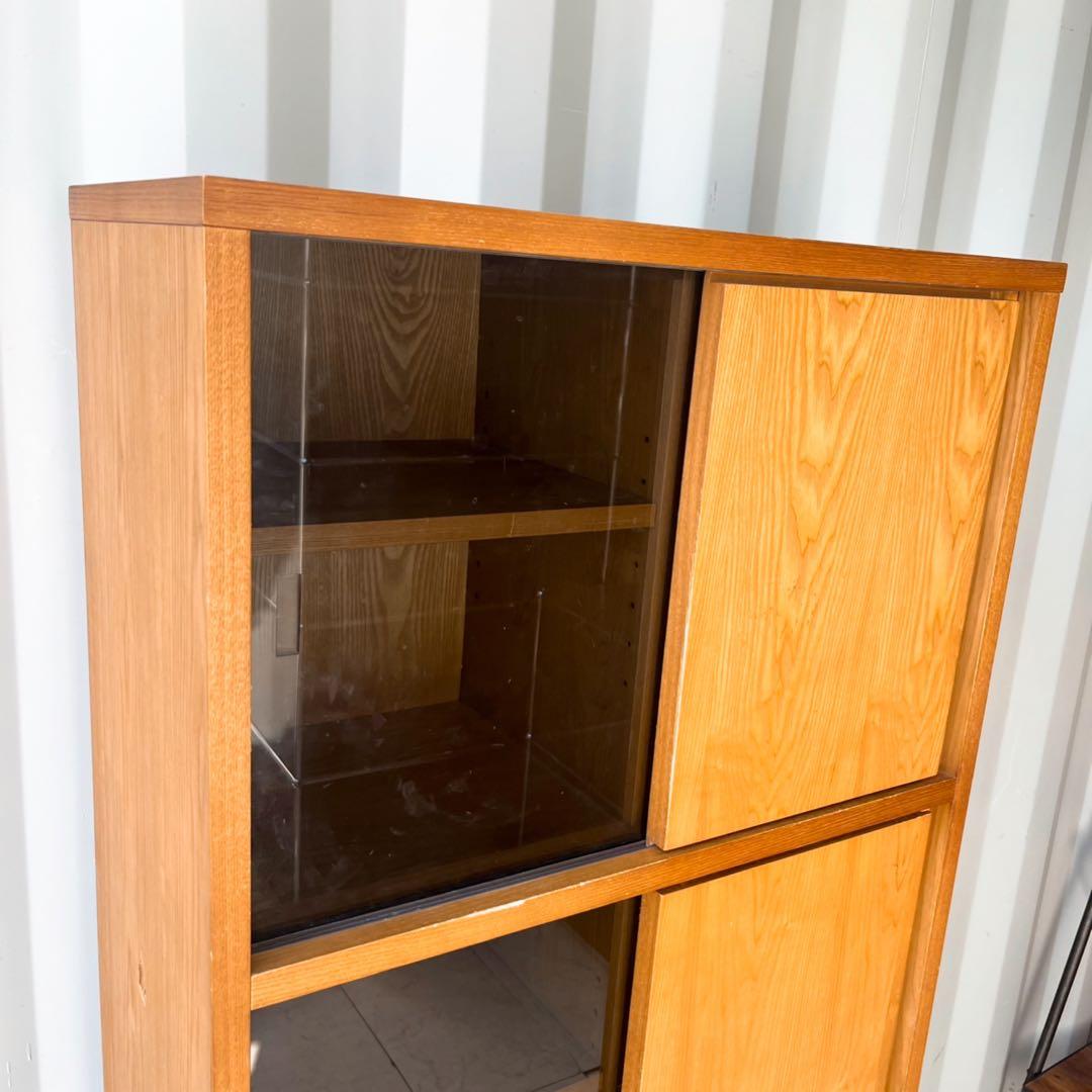 取付無料！フランフラン アコルド タモ材ブックシェルフ ブラックガラス戸付き本棚