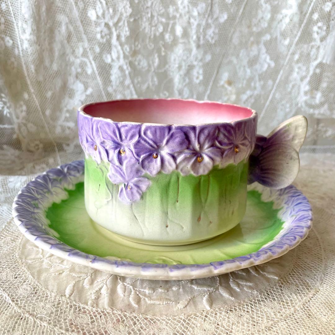 【レア】蝶とすみれのバルボティーヌショコラカップ　C&S フランスアンティーク