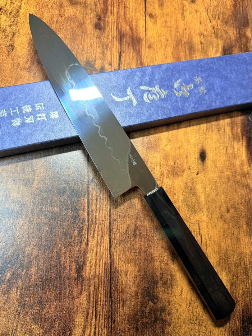 【堺打刃物】祥太郎作　和牛刀　本焼　白鋼　8寸　全鏡面　包丁　黒檀水牛八角柄
