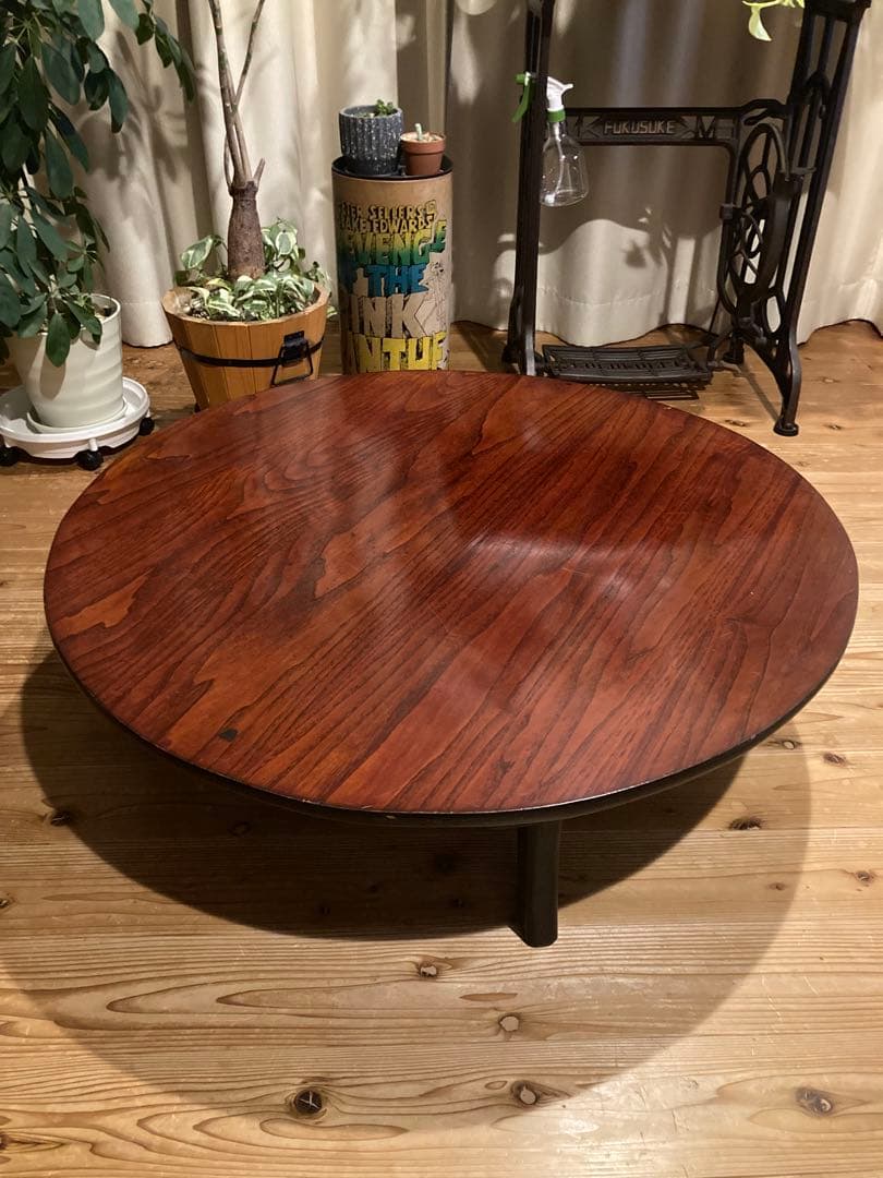 昭和レトロ　古い木製丸ローテーブル　折畳丸ちゃぶ台④ 直径900 天板綺麗