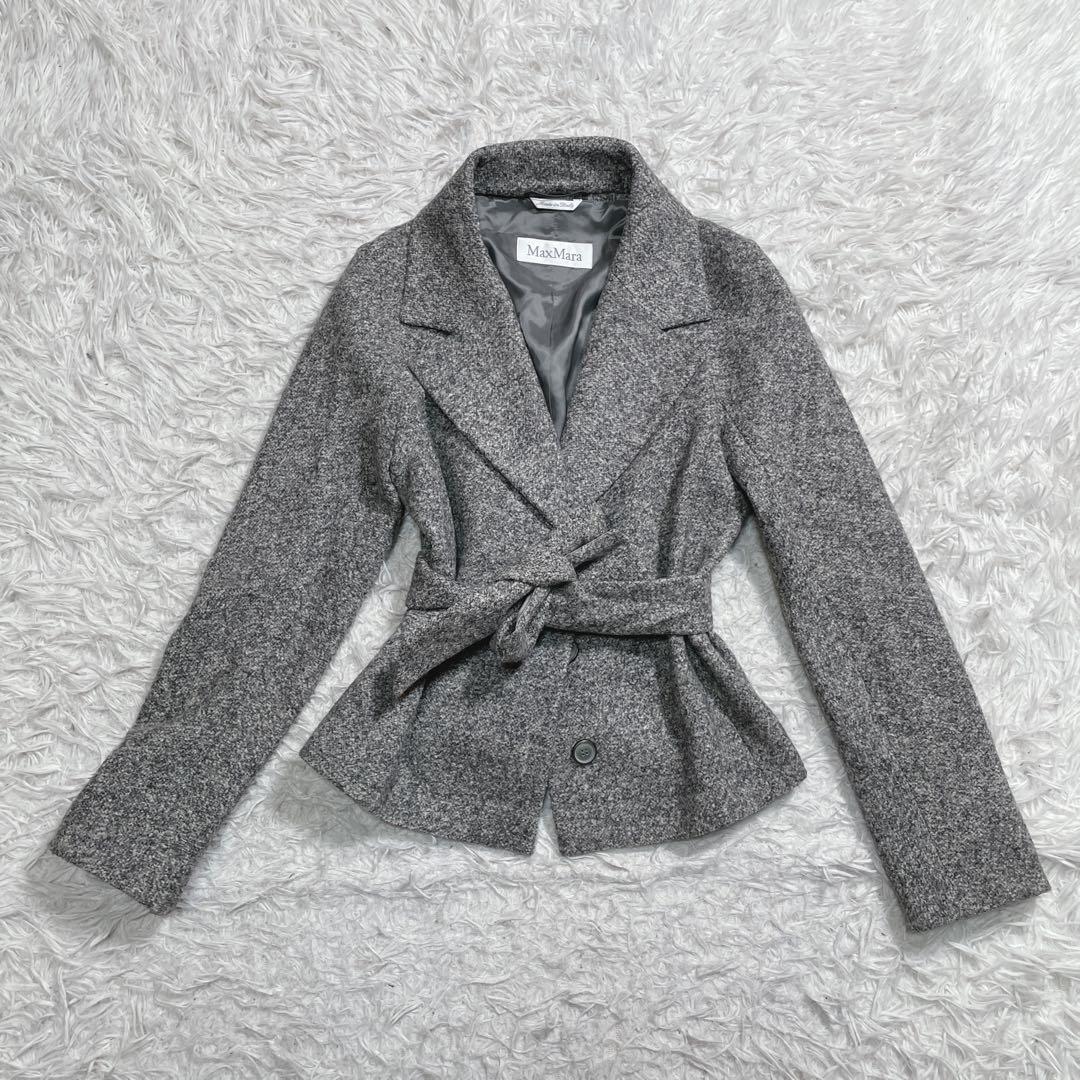 マックスマーラ　白タグ　ショートコート　ベルト　アルパカ　シルク混　グレー　M