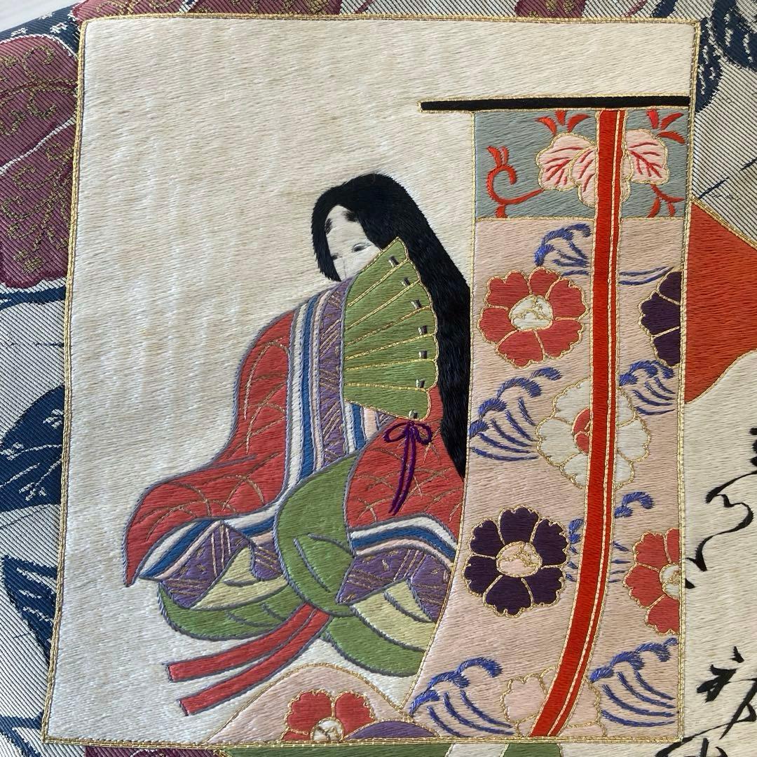 アンティーク名古屋帯　百人一首の刺繍　グレー　大正　正絹　N6-25