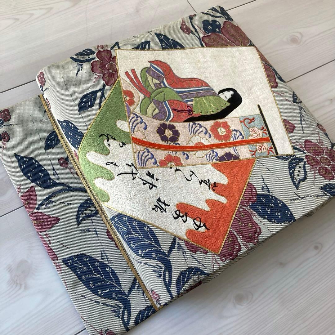 アンティーク名古屋帯　百人一首の刺繍　グレー　大正　正絹　N6-25