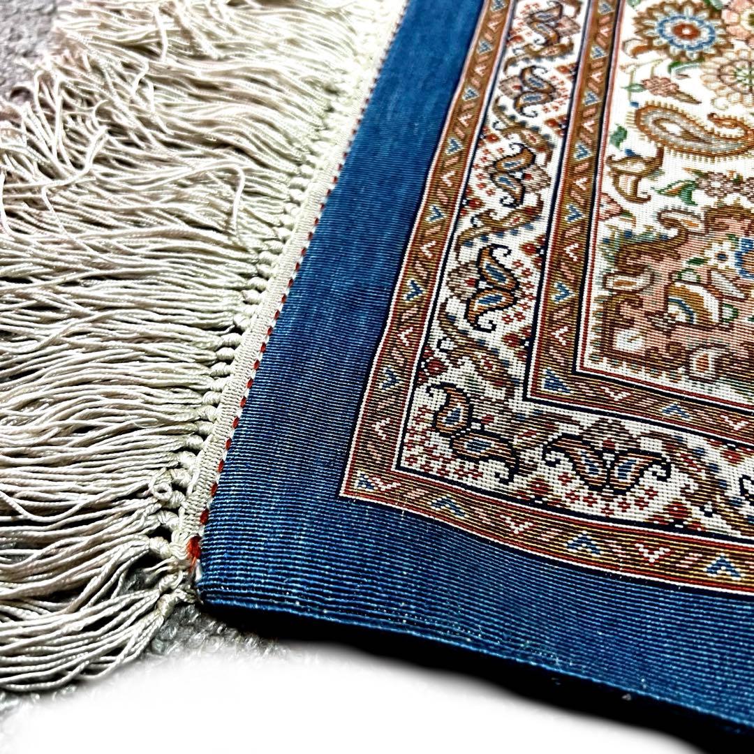 【ペルシャ絨毯】最高級 ジャムシディ クム産 シルク 本物 手織り 高密度 青色