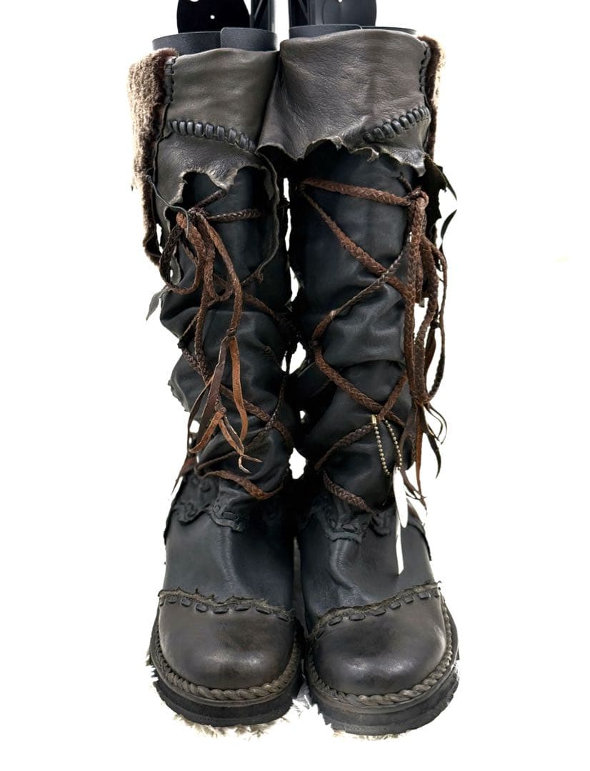 【新品未使用タグ付き】14th Addiction 毛皮付きロング編み上げブーツ
