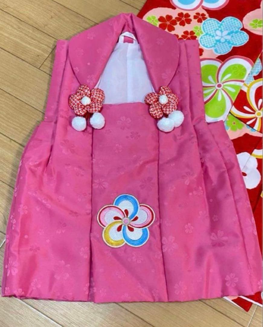 七五三 子供用 着物 セット 被布着 赤　レトロ ピンク 花柄