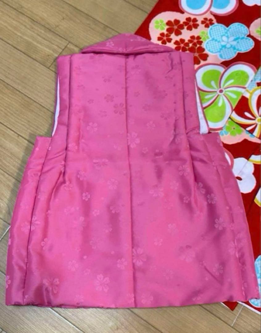 七五三 子供用 着物 セット 被布着 赤　レトロ ピンク 花柄