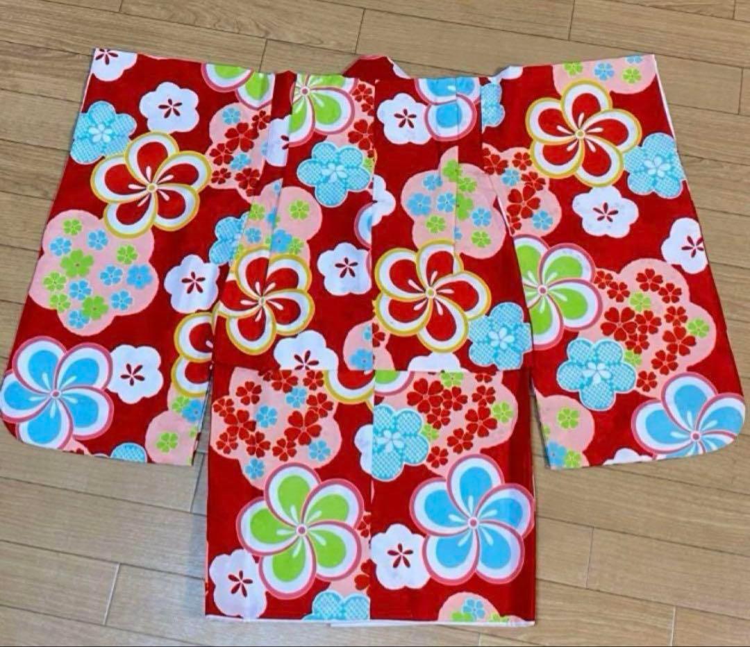 七五三 子供用 着物 セット 被布着 赤　レトロ ピンク 花柄