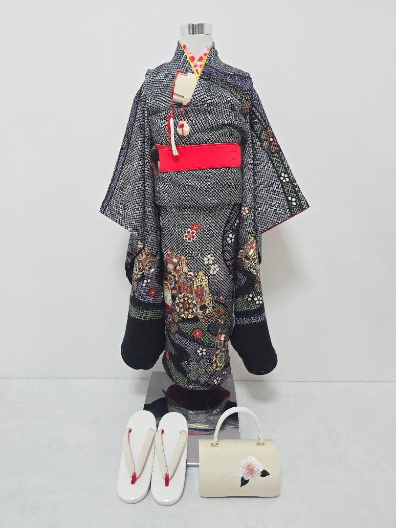 七五三　7歳　黒　総絞り　正絹　着物　セット　女の子 *c81