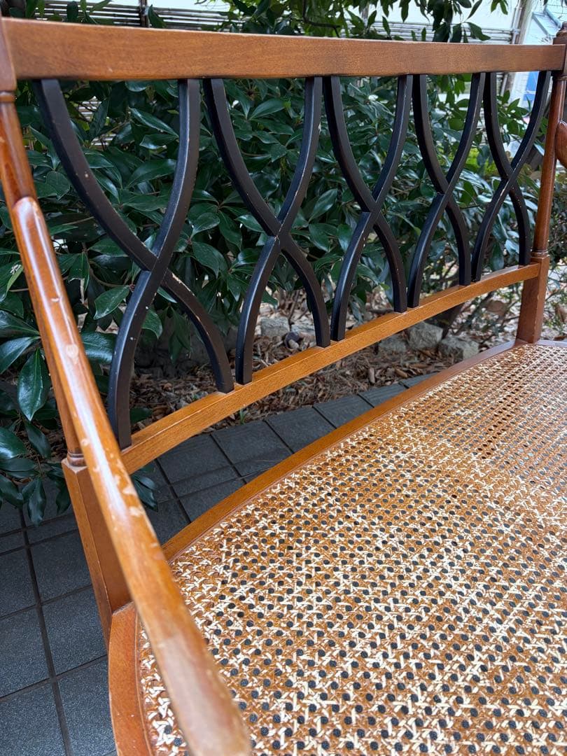 アンティーク 木製ラタンベンチ 2人掛け アールデコ アームチェア 椅子