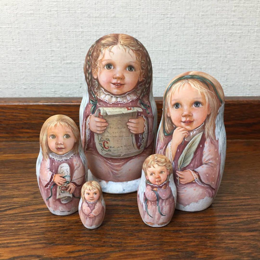 ロシア雑貨☆天使マトリョーシカ 『巻物と羽ペン』(5P)リダ工房