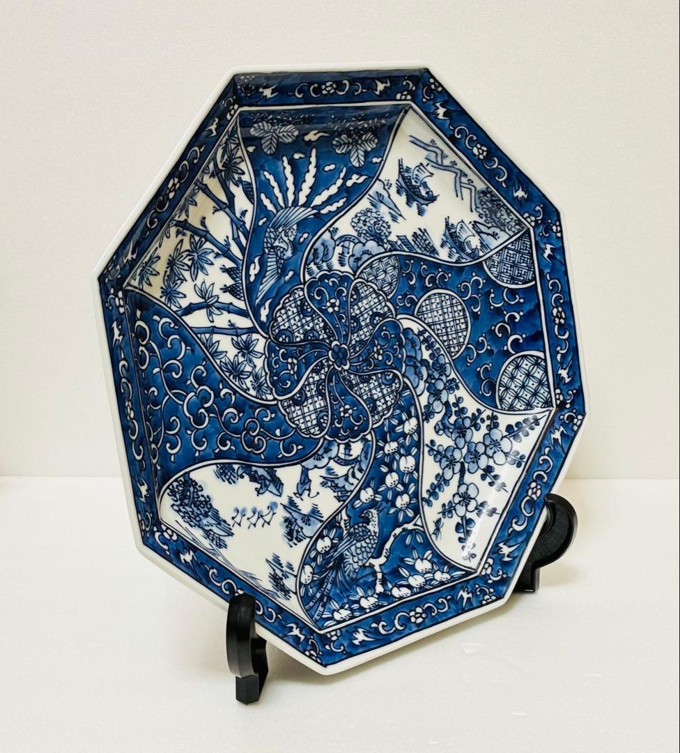 平戸三川内焼 平戸松山窯 祥瑞手 染付捻り吉祥文様 八角大皿31cm