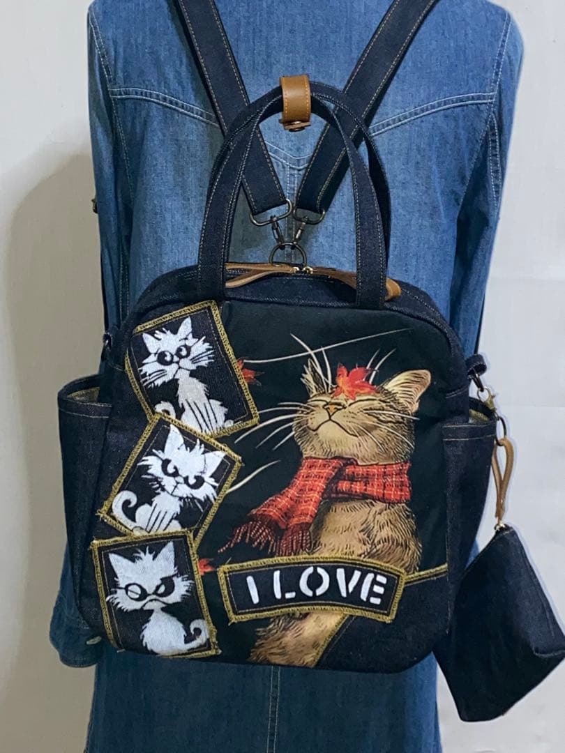 ☆岡山デニム☆ステンシル☆トラネコ☆☆4wayボストンバッグ