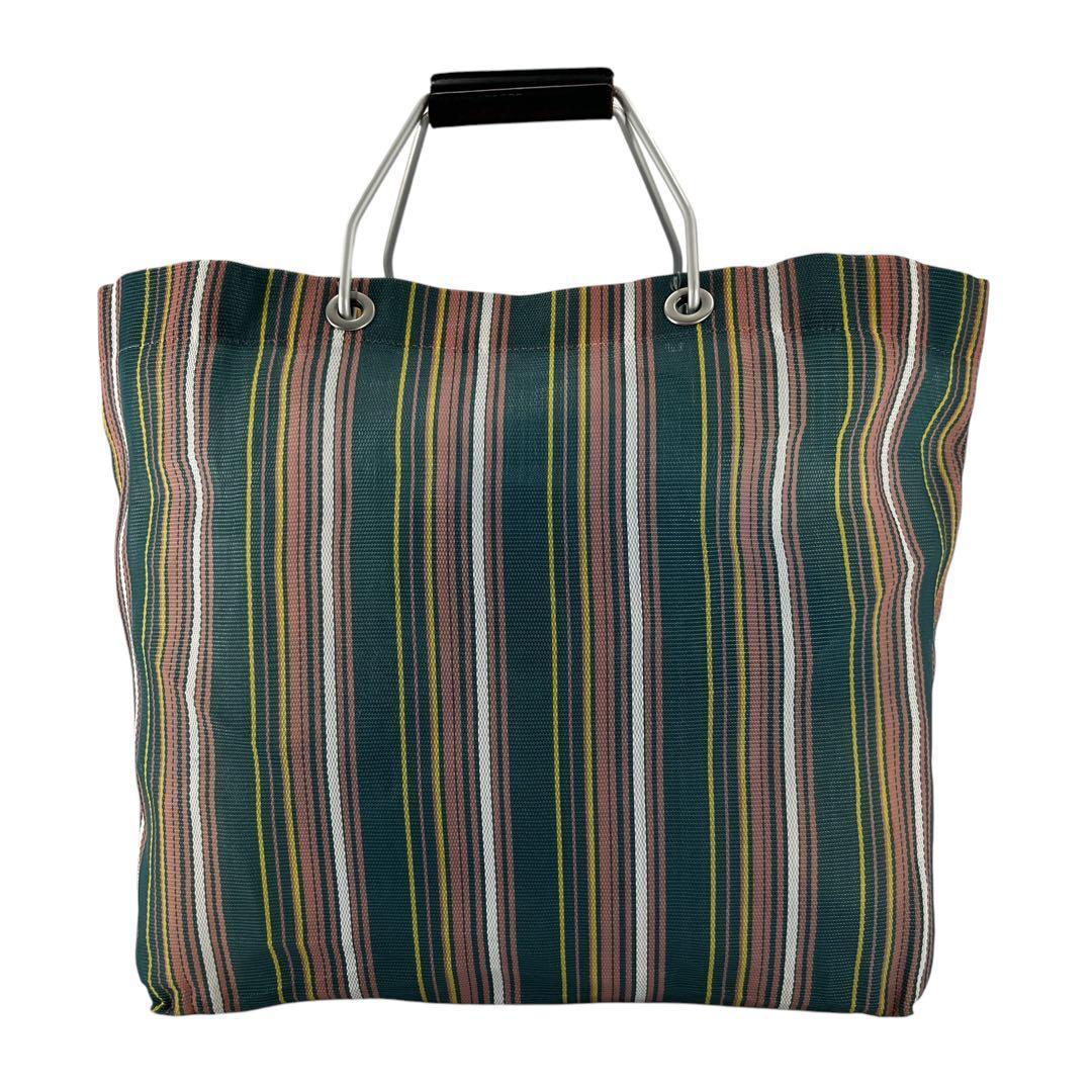 美品　マルニ　かごバッグ　ショッピングバッグ　トートバッグ　ストライプ　革ロゴ
