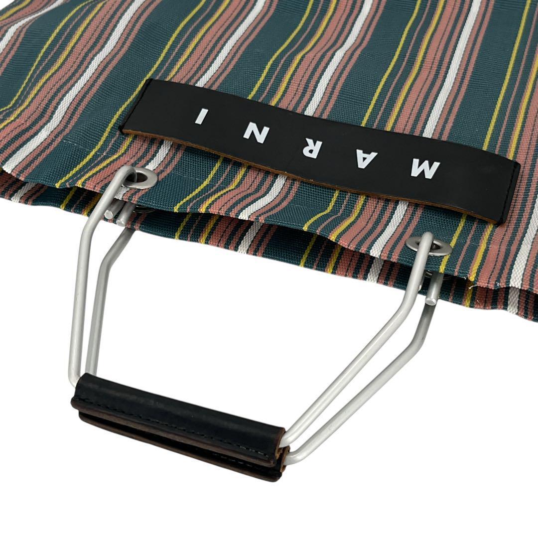 美品　マルニ　かごバッグ　ショッピングバッグ　トートバッグ　ストライプ　革ロゴ