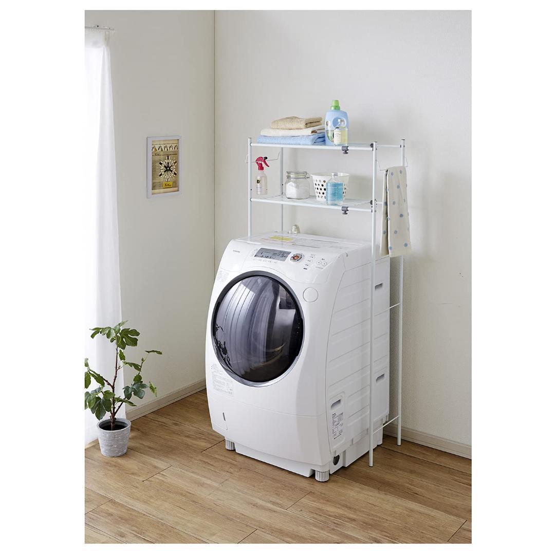 ホワイト 棚2段 丸パイプ タオル掛け付き ランドリーラック