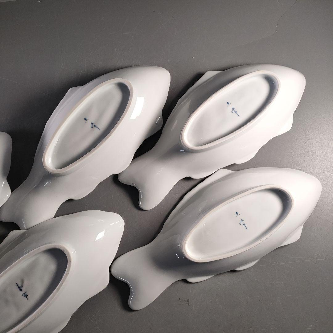 A1374-2/京峰 作/白磁魚文銘々皿5客/大皿/飾皿/盛皿/膾皿/懐石道具/