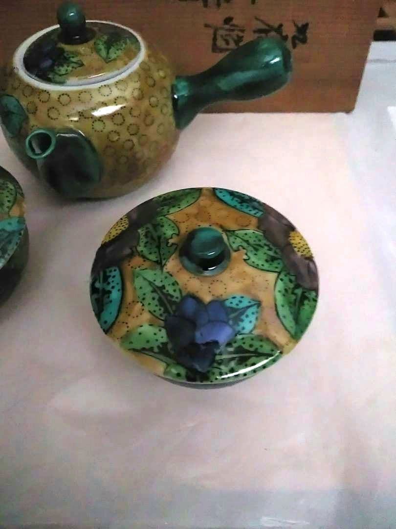 九谷焼　角福　作家物　急須と蓋付き湯呑み　6点セット　相川志保