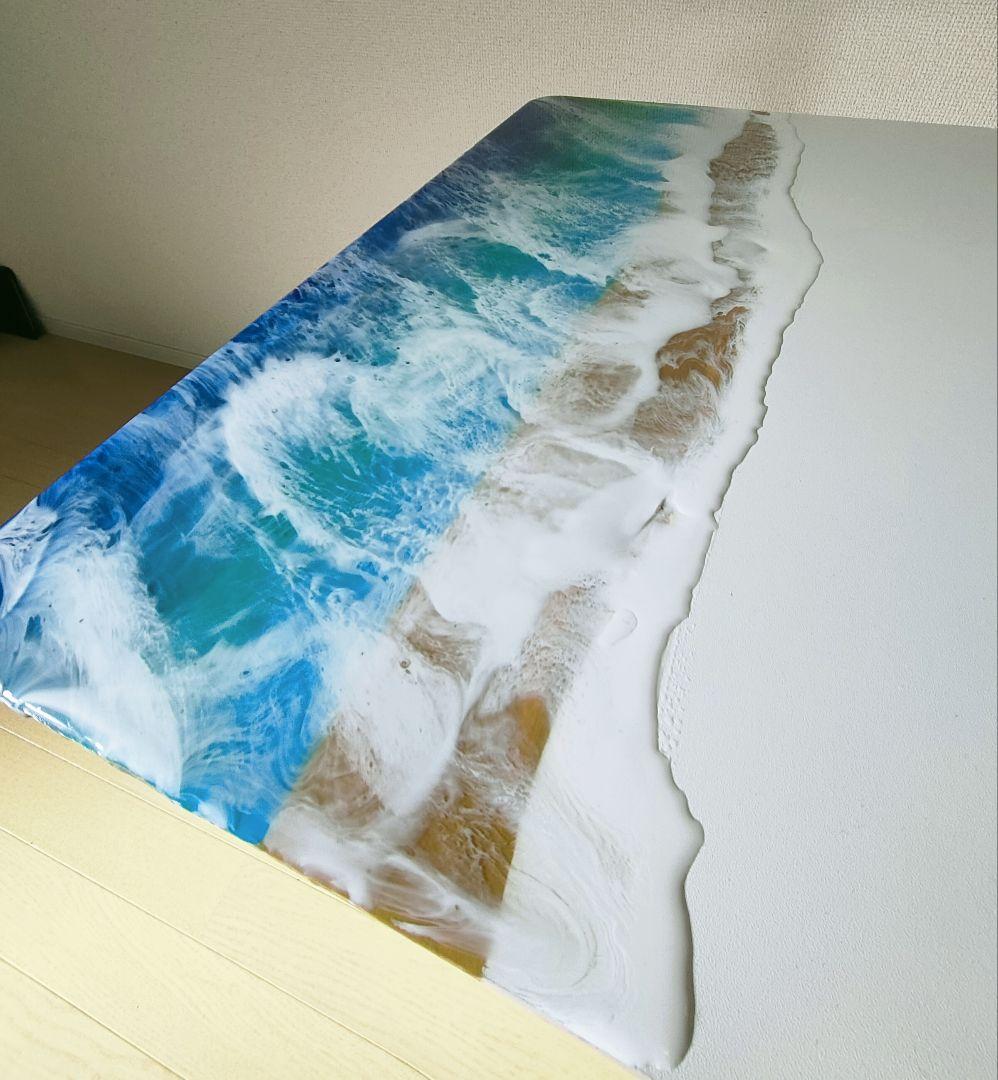 【訳あり】波デザイン昇降式テーブル　レジンテーブル　海アートテーブル