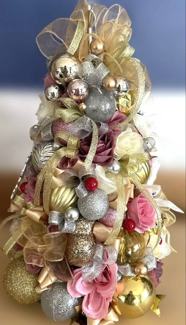 手作りクリスマスツリー ピンクゴールド 約30cm❣️ばら園❣️3点セット❣️