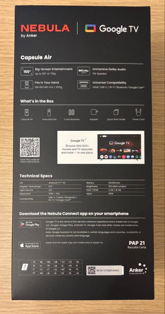 NEBULA air プロジェクター ホワイト/2026年7月まで保証あり