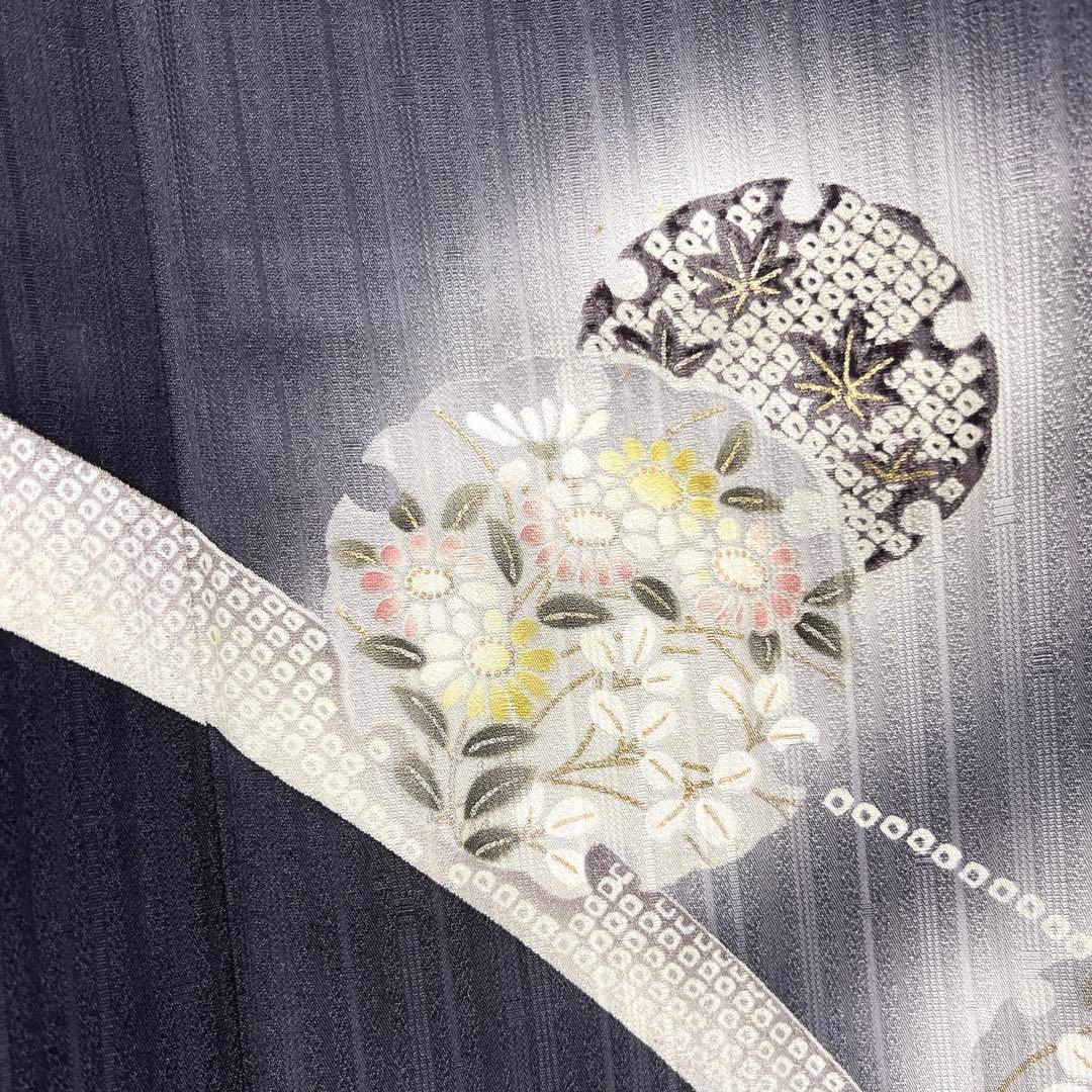 訪問着　蛍ぼかし　雪輪紋　芝草　縦縞　ネイビー着物　041a d