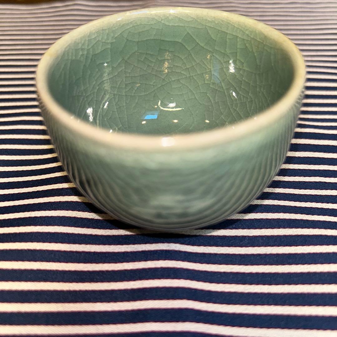高麗青磁 韓国人間国宝 柳海剛 曇鶴文 煎茶茶碗（ 湯呑）5客 共箱・栞付き