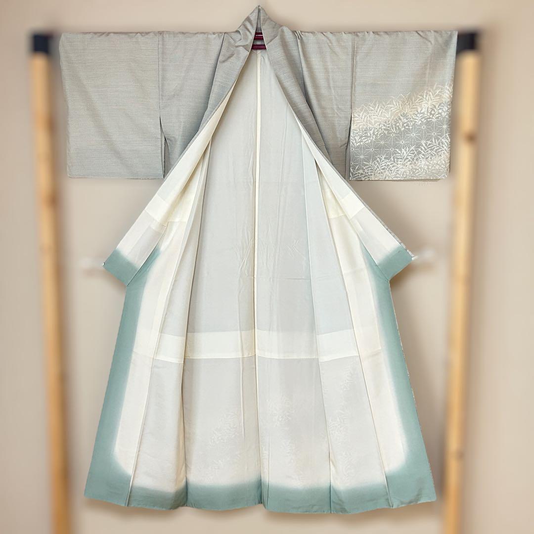 正絹　紬　付下　八掛　合わせ　ベージュ　青　緑　光沢　仕立て糸