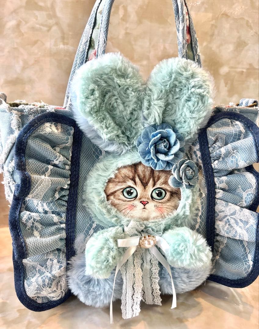 コヤンイサムチョン　レースデニム×ふわふわフリンジデニム　フリルバッグ