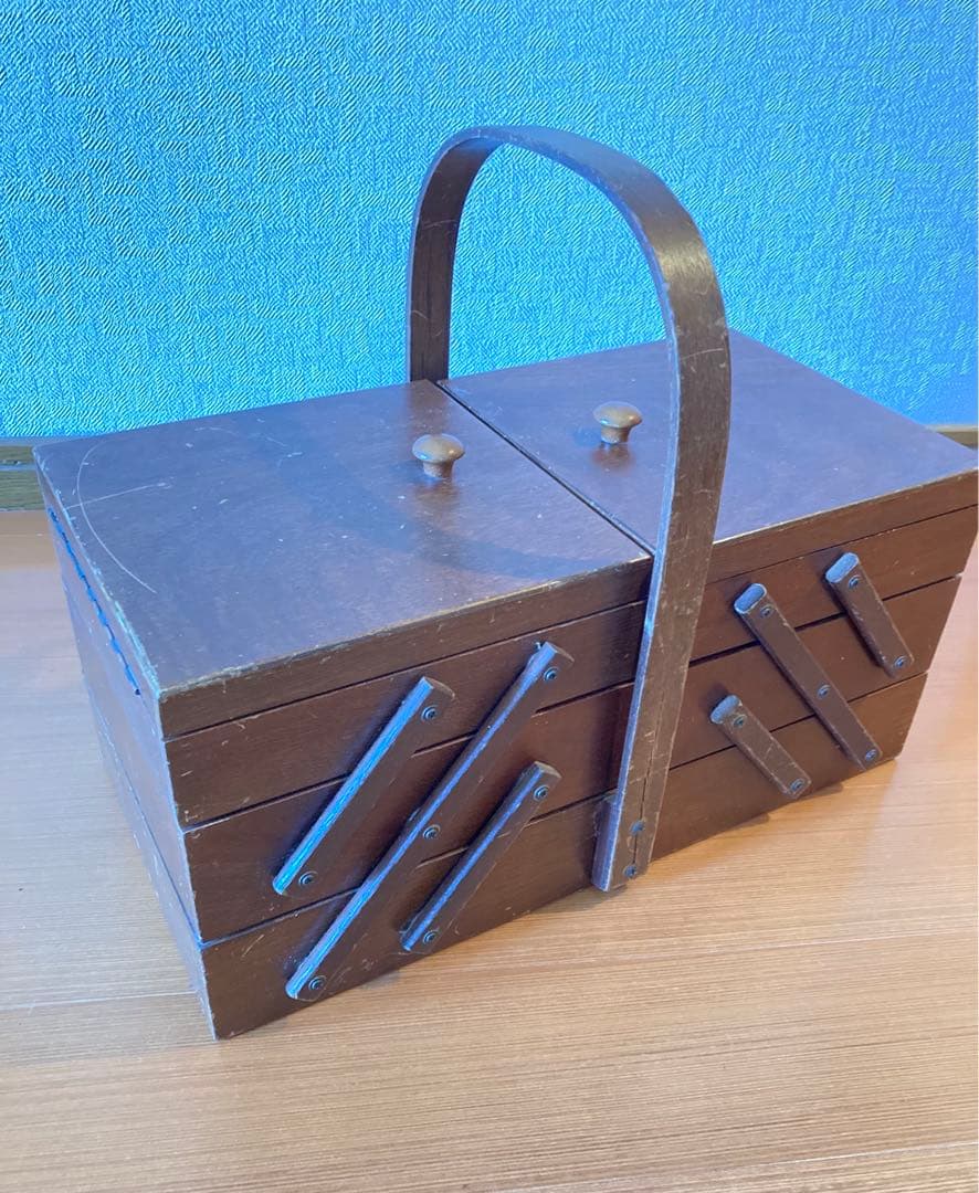 アンティーク レトロ 三段 木製ソーイングボックス 裁縫箱