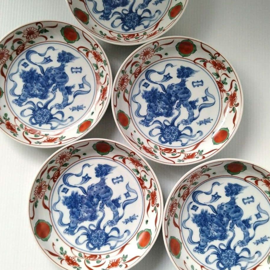 たち吉 橘吉 赤絵 草花丸紋 染付 獅子 古伊万里 中皿 和食器 深皿 5客揃