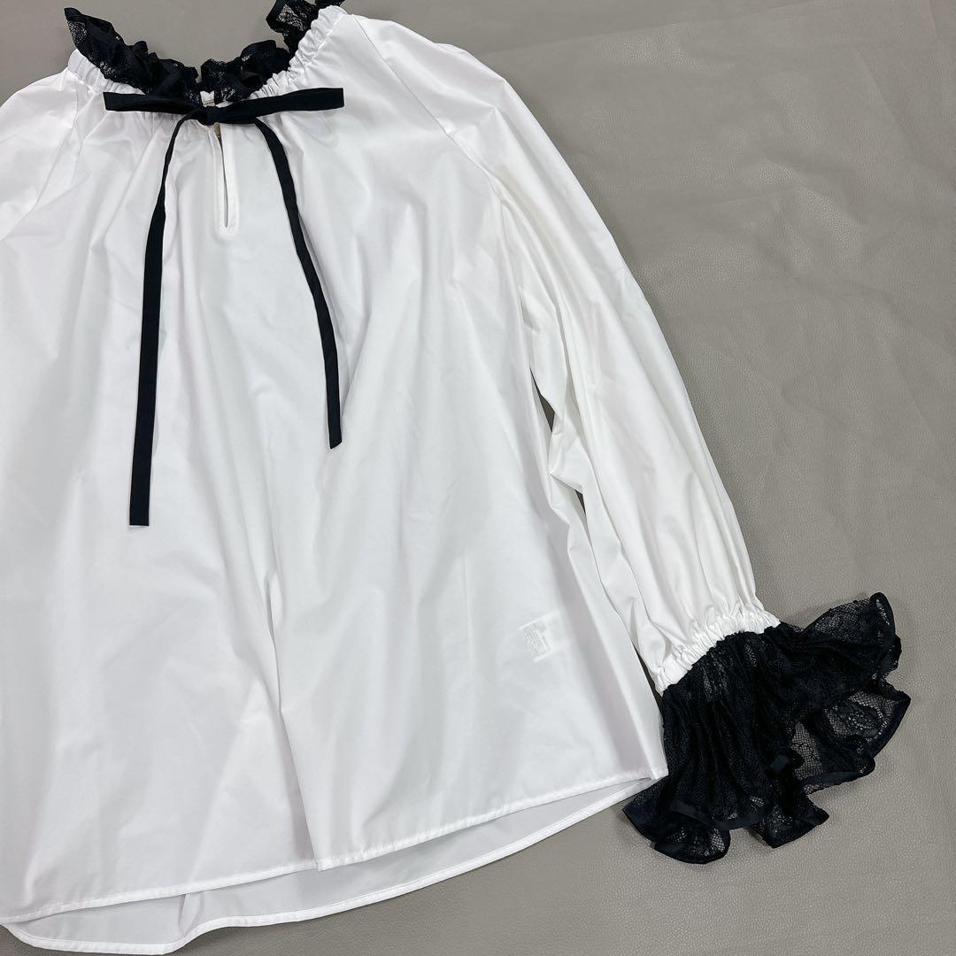超美品　ユナイテッドアローズ レースプリーツ フリル ブラウス　白黒　チュール