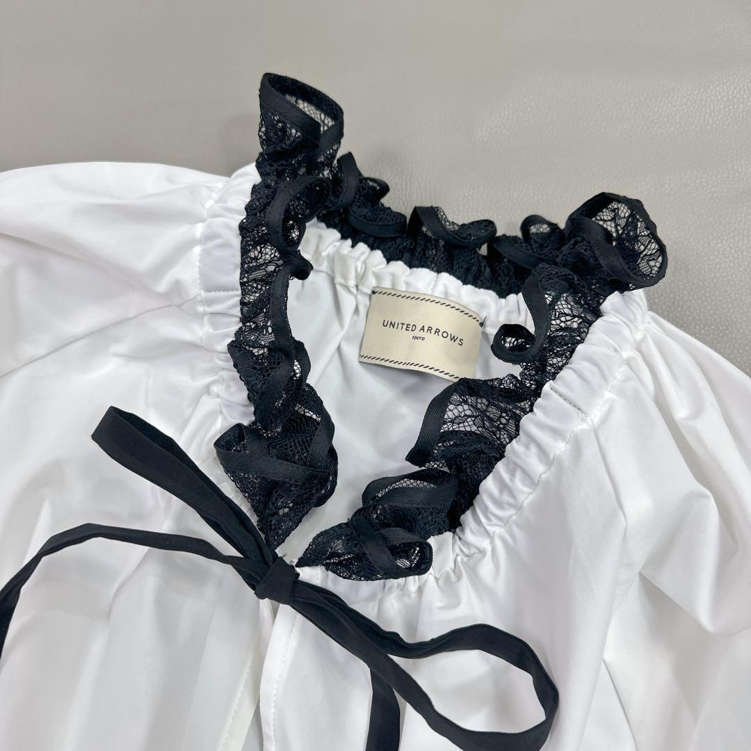 超美品　ユナイテッドアローズ レースプリーツ フリル ブラウス　白黒　チュール