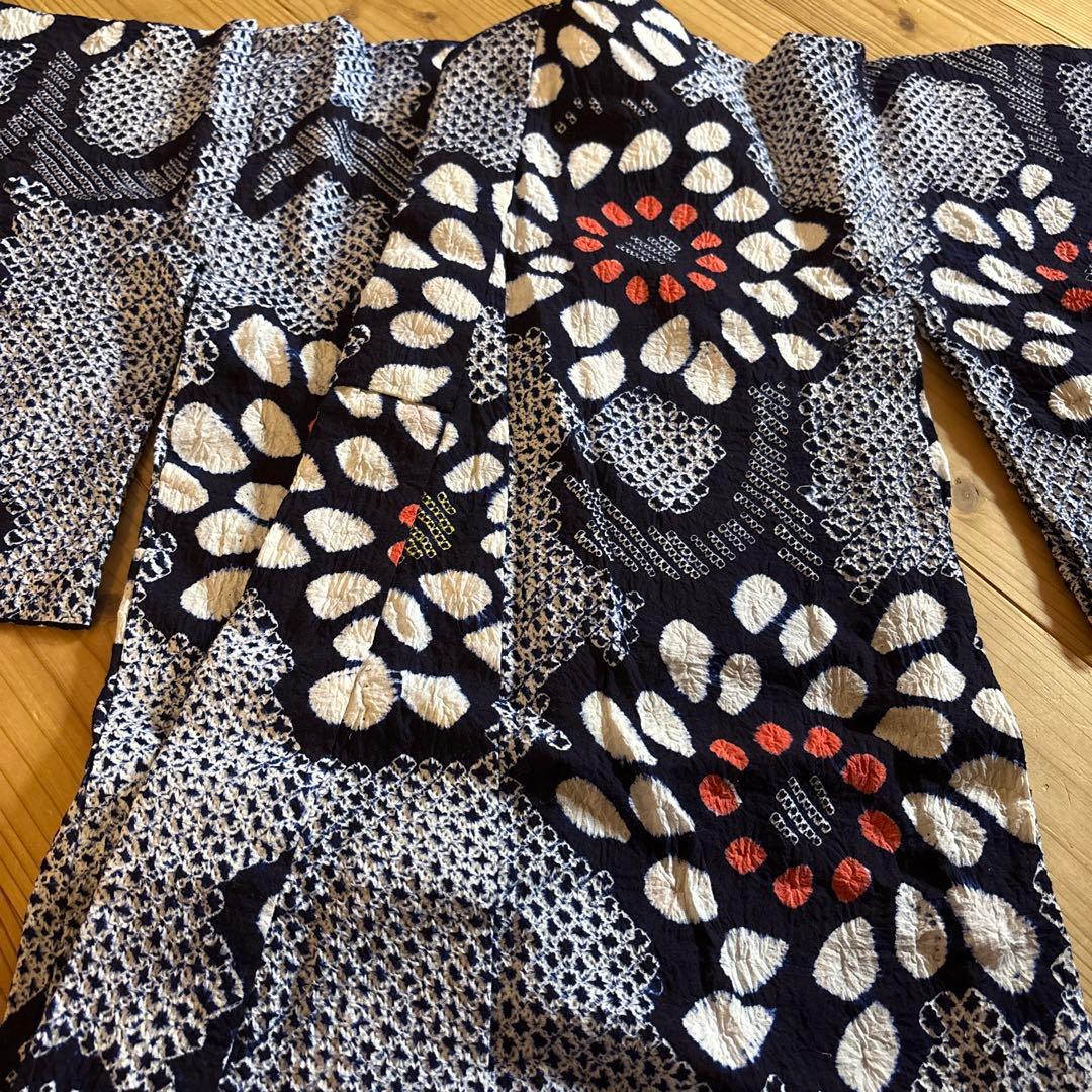 有松鳴海絞り浴衣 向日葵 ヒマワリ 身丈153 手縫い 藍染 絞り ヴィンテージ