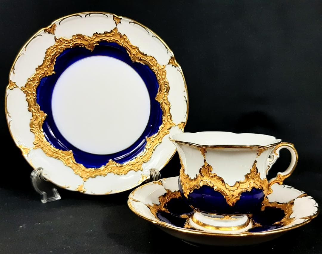 24金マイセングランツゴールドBフォーム紺カップ＆ソーサ＆プレート美品1級品 ハ