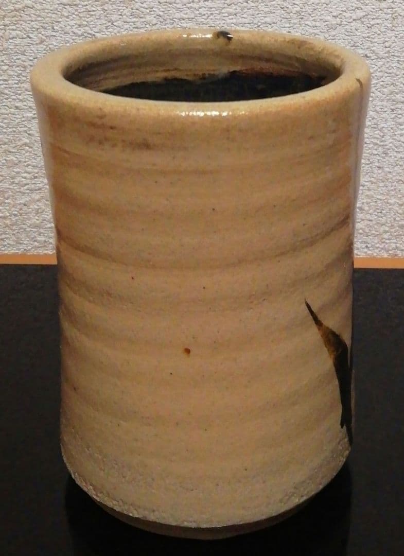 人間国宝　浜田庄司作　益子焼　花図　筒　花入　共箱　略歴付　花瓶