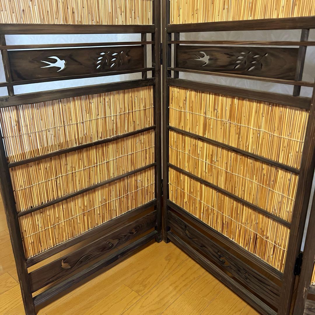 キッシー竹簾屏風衝立目隠し4連間仕切 透かし彫り古民家古道具パーテーション