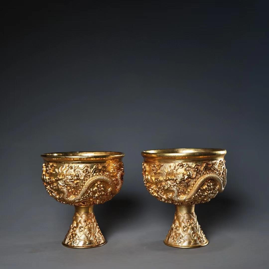 中国古美術・旧蔵鎏金高台を持つ龍お酒用グラス・純銅細密彫・純手作り・高浮彫・酒具