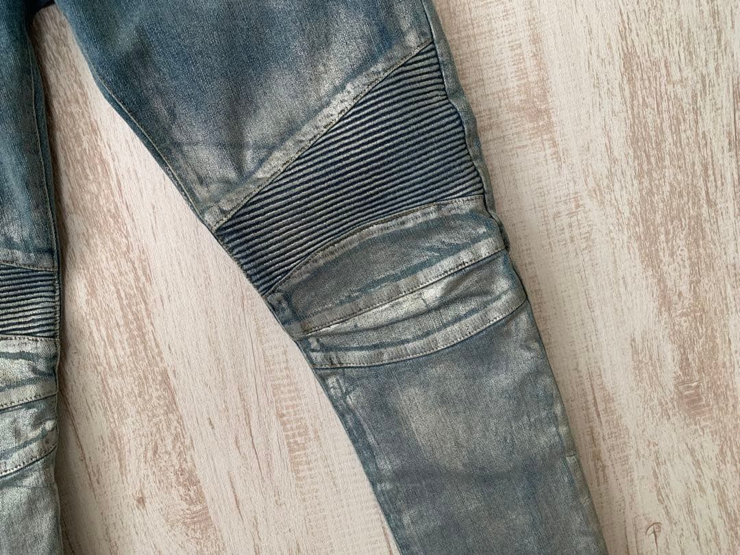BALMAIN バルマン Biker ZIP シルバー ペイントデニムジーンズ